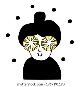 A girl with lemons on her eyes does a cosmetic procedure.