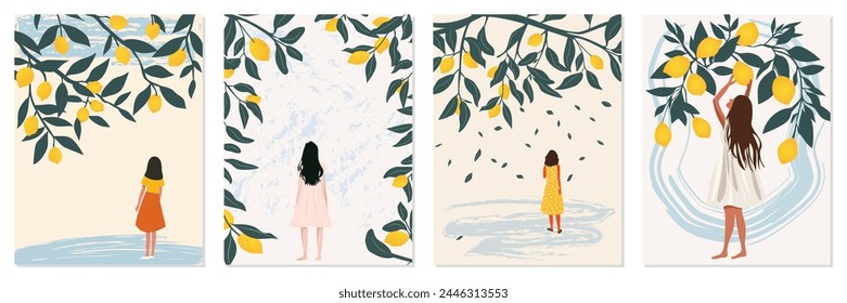 Mädchen mit Zitronen. Ein junges Mädchen in einem Kleid sammelt Zitronen von einem Baum. Junge Frau unter Zitronenästen. Set von minimalistischen Vektorillustrationen für Poster, Banner, Karten, Cover und Drucke.