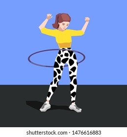 Girl in leopard sweatpants twists hula hoop on the waist funny colorful vector illustration on the colorful background