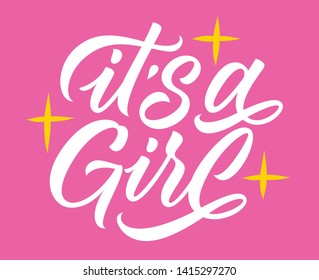 it’s a girl, lettering, handwritten text decorated with stars