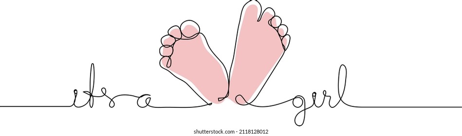 It's a girl lettering - little baby feets on pink. Continuous line drawing. Baby girl concept.