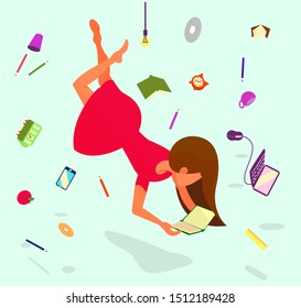 Girl levitates with a book. Concept: reading, carefree, detachment, supernatural, flight, weightlessness, meditation, immersion, fantasy, imagination. Vector illustration, eps 10.