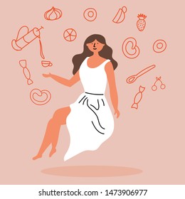 Girl levitates with sweets. Levitating. Tea party. Editable vector illustration