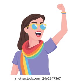 A girl with LGBT bracelets in sunglasses is smiling, a rainbow scarf. Support for the LGBT community.