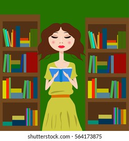 Girl in the library or bookstore reading a book