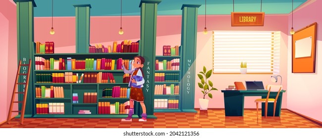 Girl in library choose books for reading lying on shelves in school or public athenaeum large bright room interior with ladder and librarian table, child searching literature, Cartoon vector athenaeum