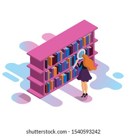 Girl in the library near the filled bookcase. Search for a book using exaggerated large magnifying glass. 3d vector isometric illustration for design of infographics, presentations, app, website