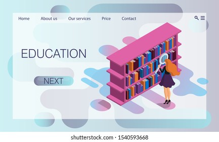 Girl in the library near the filled bookcase. Search for a book using exaggerated large magnifying glass. 3d vector isometric illustration. Website concept, landing page design template