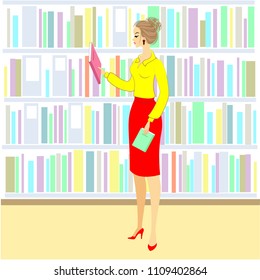 The girl in the library. A nice woman is looking at books for a lesson. Next shelf of the cabinet with books. Vector illustration.