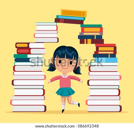 Girl in library. Vector cartoon flat illustration
