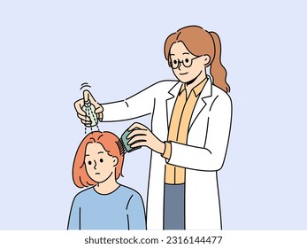 Girl with lice in hair at doctors appointment using spray and comb to treat and fight nits. Female doctor helps teenage patient get rid of lice that appeared due to violation of hygiene rules