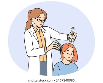 Girl with lice in hair at doctors appointment using spray and comb to treat and fight nits. Female doctor helps teenage patient get rid of lice that appeared due to violation of hygiene rules