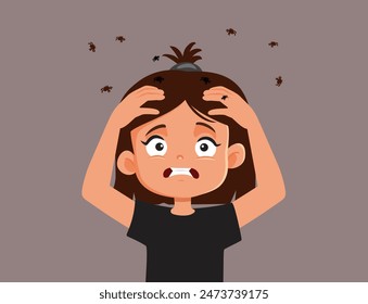 
Chica con piojos en el pelo rascándose la Ilustración vectorial del cuero cabelludo. Niño preocupado tratando con insectos parásitos en su cabeza 
