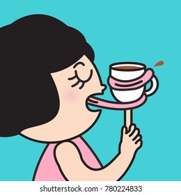 Girl Licking A Cup Of Coffee On A Small Wooden Stick Like An Ice Lollipop. Concept Of Coffee Lover Card Character illustration