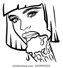 Girl licking ice cream, comic pop art style, vector illustration, coloring page