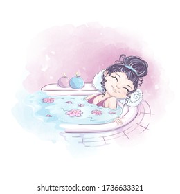 The girl lies in a bath with aromatic oils and salt. Aromatherapy and spa. Vector hand-drawn character and watercolor background.