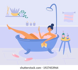 Girl lies in the bathroom with foam bubbles. lady drinks wine, reading book and relax. Bath time, spa at home. Daily life and everyday routine. Cartoon vector illustration in flat style.