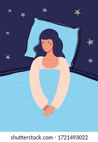 The girl lies in bed and cannot sleep. Concept illustration about insomnia, psychological health. Flat vector illustration, woman nightmares