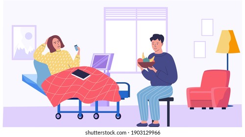 Girl lies in bed in hospital. Guy gives woman fruit for immunity in medical room vector illustration. Female character examines jar of pills. Male character spends time with his sick girlfriend