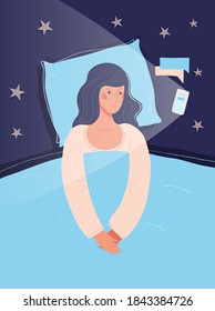 The girl lies in bed with the phone. Concept illustration about insomnia, psychological health, phone addiction and social networks. Flat vector illustration.