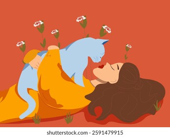 A girl lies in an embrace with a cat dark-haired beautiful woman with bright lips and a light blue cat on her chest