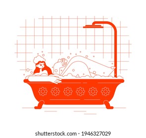 The girl lies in the foam in a red bath with a shower. Tiles in the background. Taking care of yourself and your hygiene. Flat outline vector illustration.