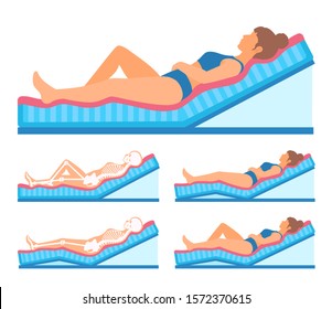 A girl lies half-sitting, resting comfortably. A mattress is raised at an angle of 30 degrees. Distributed body weight. Side view. Bendable bed base. Vector illustration isolated on white.