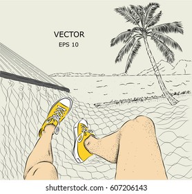 The girl lies in a hammock on the beach. Seascape. Vector illustration