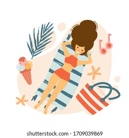 girl lies on the beach relaxing at seaside resort. Set of beach cute elements