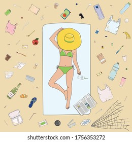 Girl lies on the beach surrounded by trash. Waste found on a beach. Marine, Ocean, coastal pollution. Global environmental problems. Save the ocean concept. Hand drawn vector illustration.
