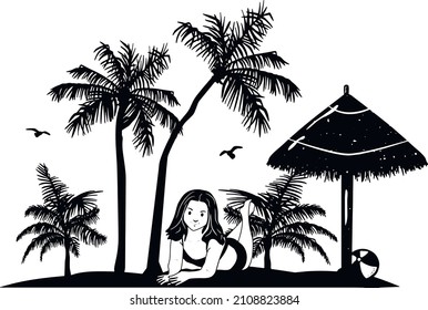 girl lies on the beach under a straw umbrella. summer landscape with palms and seagulls. Vector graphics. EPS format. sketch
