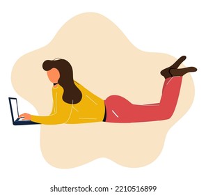 The girl lies on the floor and looks at the computer. Online learning. Work from home. Vector Stock illustration. White background. flat style