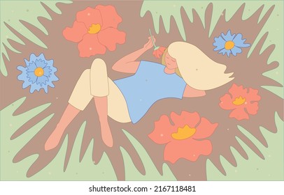 Girl lies on the grass. Smelling flowers. Young woman relaxing in the meadow. Green field with poppies and cornflowers. Vector illustration.