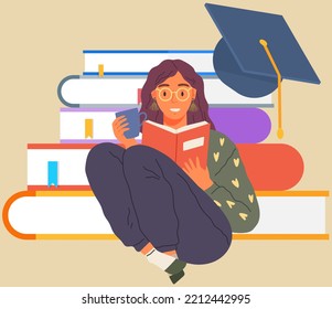 Girl lies on pile of books with open book in her hands and cup of tea. Earning, distance studying and self education. Young woman student character