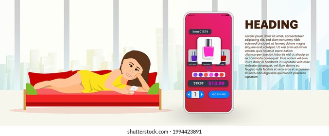 A girl lies on a red sofa and buys cosmetics in an online store. Vector banner