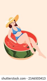 The girl lies on a watermelon and swims in a pool, vector illustration