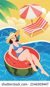 The girl lies on a watermelon and swims in a pool, vector illustration