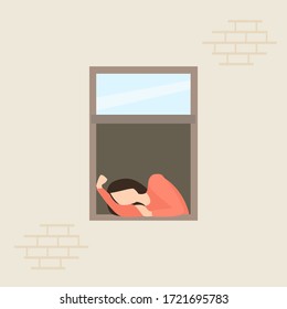 The girl lies on the windowsill and is bored, waiting for the end of quarantine. Window from the side of the street. Flat vector illustration.