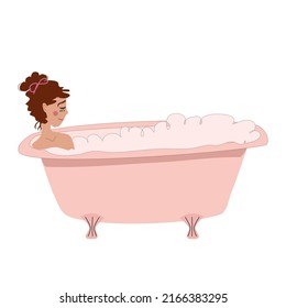 girl lies and relaxes in the bathtub with bubbles , illustration in boho style. Concept of self care and home spa