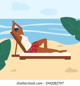 Girl lies in a sun lounger on the beach in summer, woman is resting by the sea, travel postcard, vector illustration in flat style