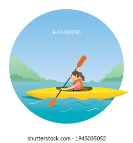 Girl in Life Jacket Kayaking in the Sea or River, Travel, Summer Vacation and Activities 