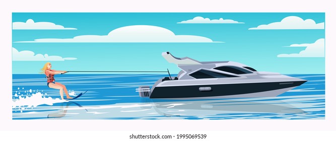 A girl in a life jacket is water skiing on the waves. Beautiful modern yacht, cruising small boat. Pretty woman, girl water skiing, enjoying summer water activities, cartoon vector illustration
