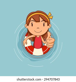 Girl with lifebuoy floating on water, vector illustration