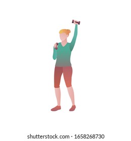 Girl lift dumbbells, a flat vector gradient illustration. Woman stands in full height and warms up before training. Girl in sportswear is engaged in a gym training on an isolated white background