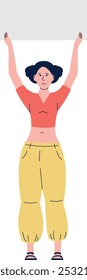 Girl lift placard. Feminism demonstration character with paper banner