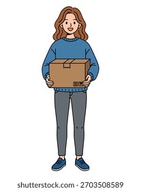 Chica levantando una caja. Ilustración vectorial plana