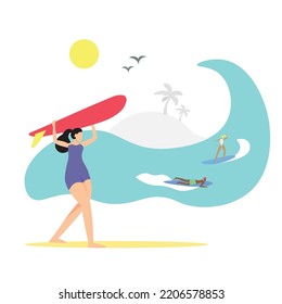 A girl lifting her surfing board is ready to explore the beach on a suny day in an island during the vacation. Some surfers are enjoying the wave. Flat vector illustration