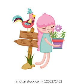 girl lifting houseplant with arrow signal and rooster