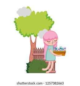 girl lifting houseplant with fence and tree