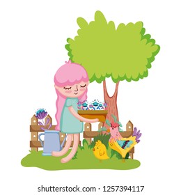 girl lifting houseplant with rooster in the garden